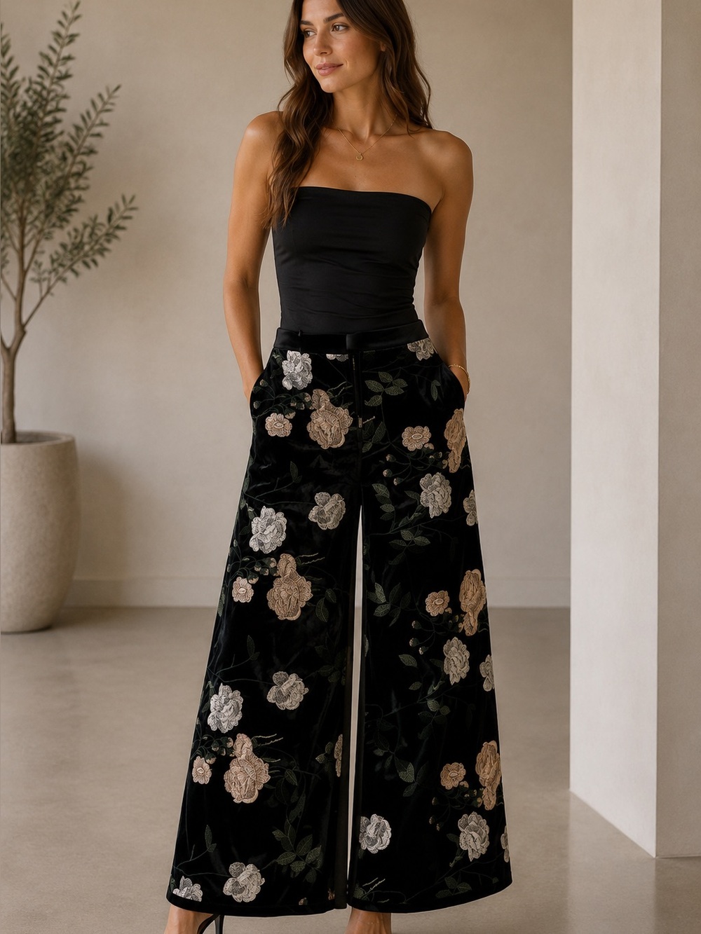 Embroidered Black Velvet Wide-Leg Pants with Pink & White Floral Appliqué